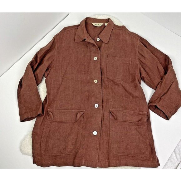 Womens Eddie Bauer 100% Linen Shacket Size Medium Brown Spring Jacket Breathable - Picture 1 of 9
